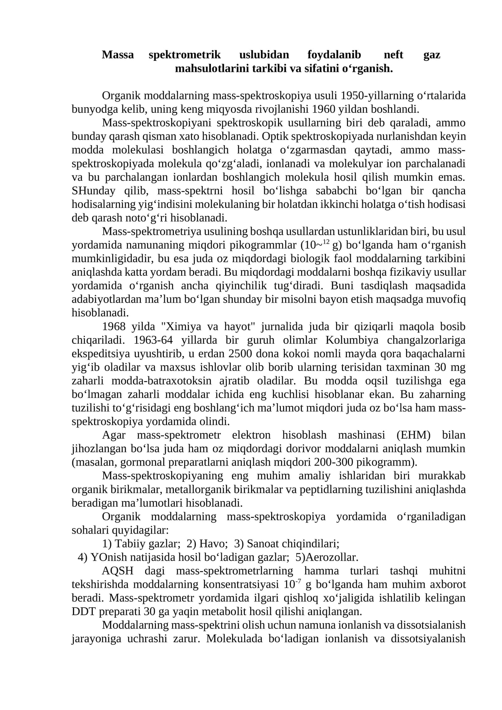 Massa spektrometrik uslubidan foydalanib neft gaz mahsulotlarini tarkibi va sifatini o‘rganish 1