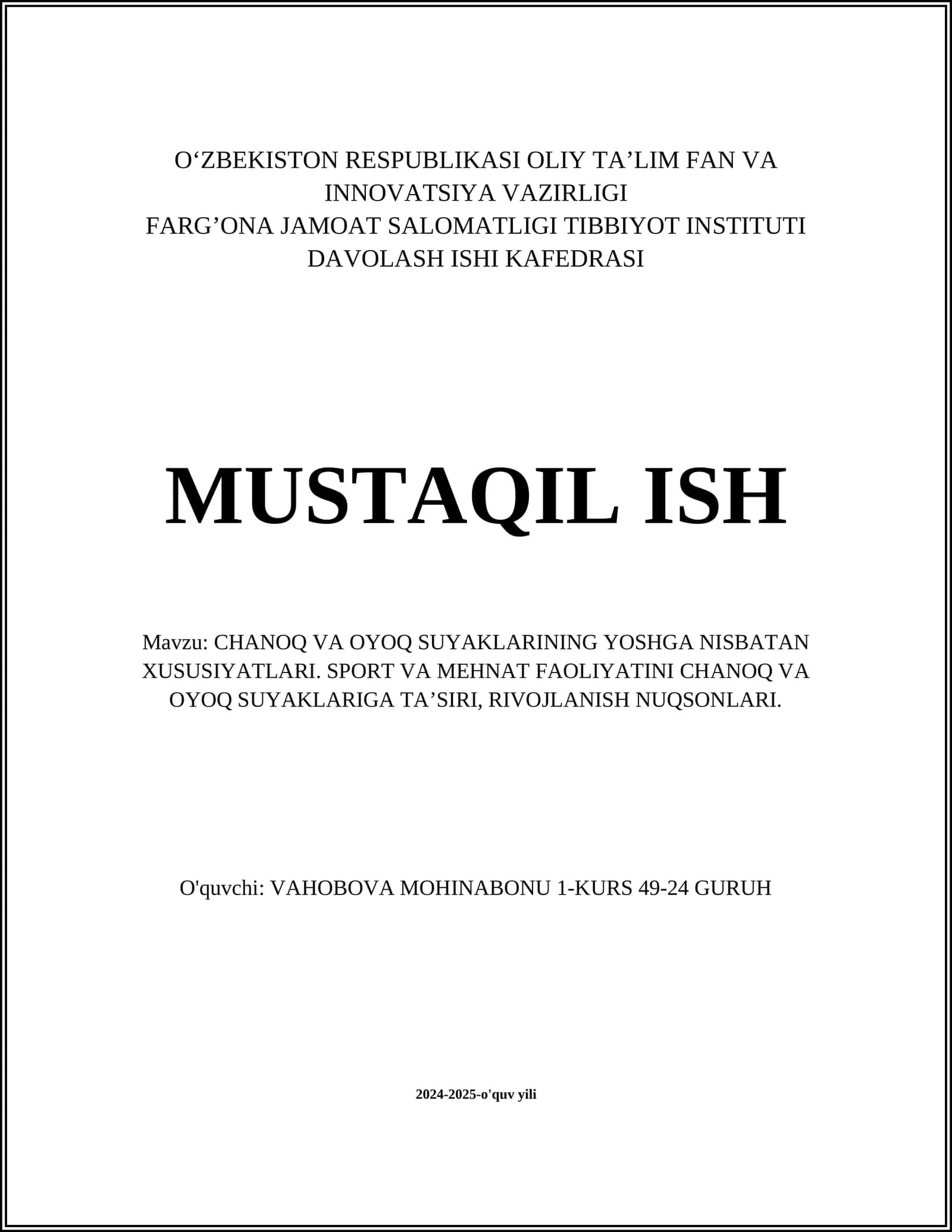 CHANOQ VA OYOQ SUYAKLARINING YOSHGA NISBATAN XUSUSIYATLARI. SPORT VA MEHNAT FAOLIYATINI CHANOQ VA OYOQ SUYAKLARIGA TA’SIRI, RIVOJLANISH NUQSONLARI 1