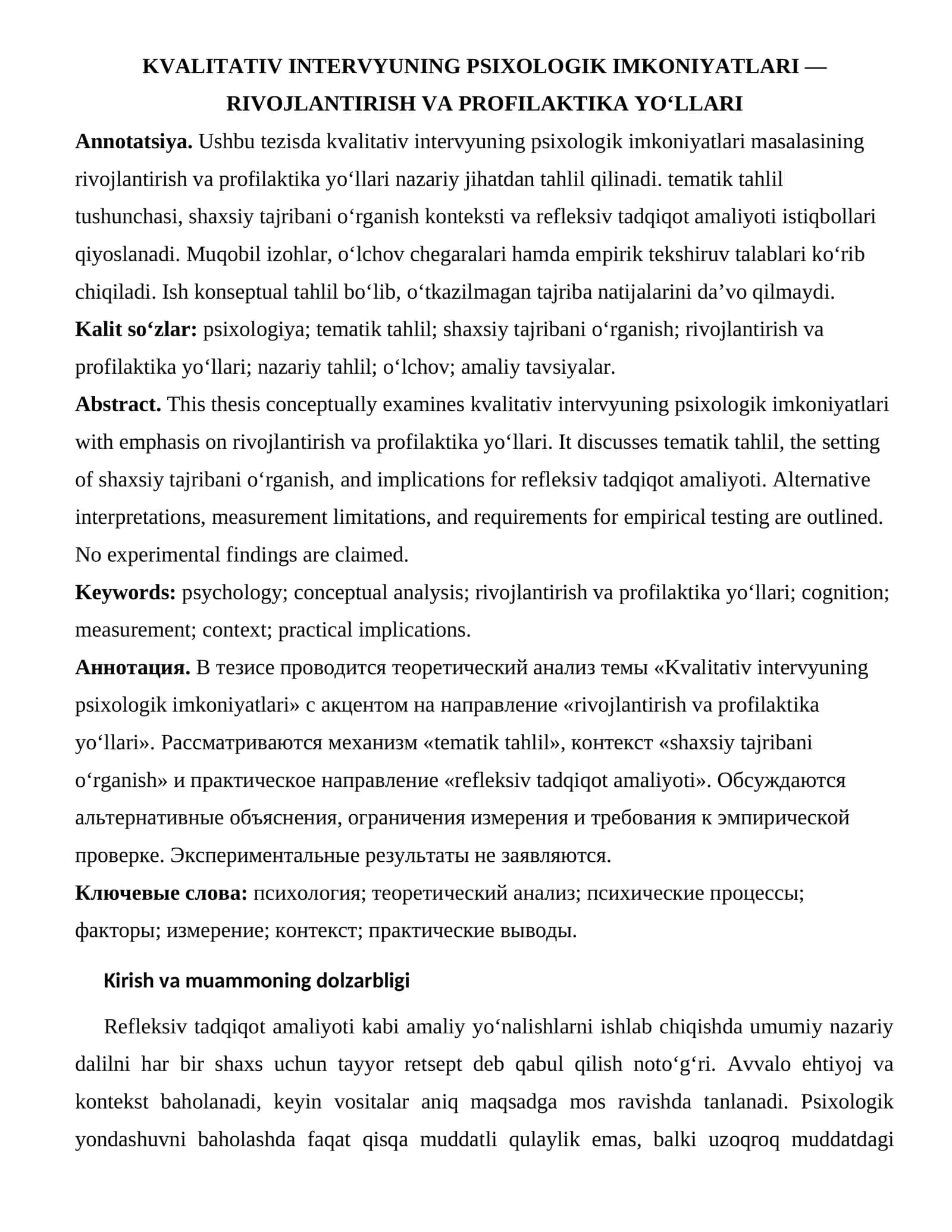 KVALITATIV INTERVYUNING PSIXOLOGIK IMKONIYATLARI — RIVOJLANTIRISH VA PROFILAKTIKA YO‘LLARI 1