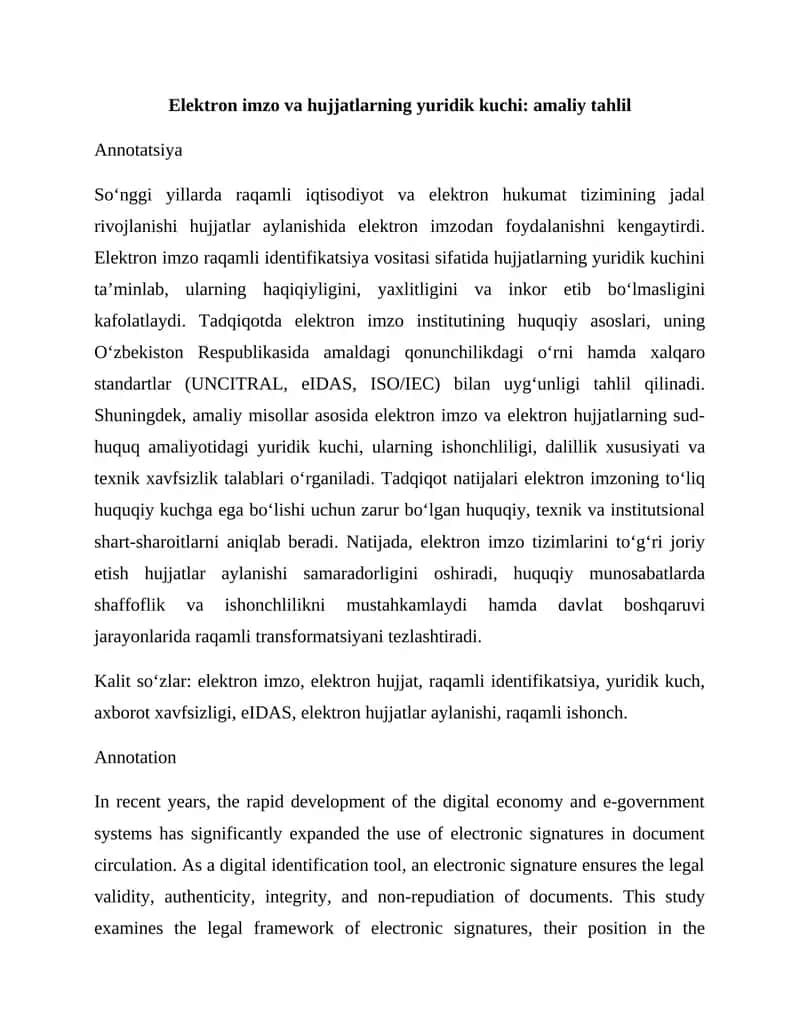 Elektron imzo va hujjatlarning yuridik kuchi: amaliy tahlil 1