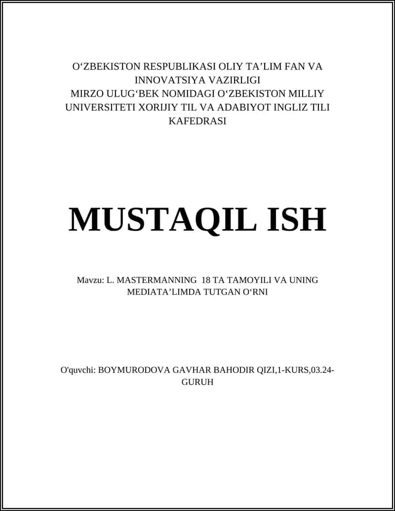 L. MASTERMANNING 18 TA TAMOYILI VA UNING MEDIATAʼLIMDA TUTGAN OʻRNI 1