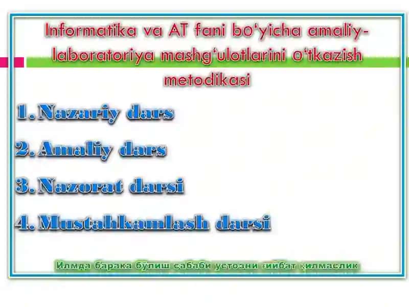 Informatika va AT fanii o'yicle emeirsoiatioriyea mashg‘ulotlerini O*tkezish metodiikesii
