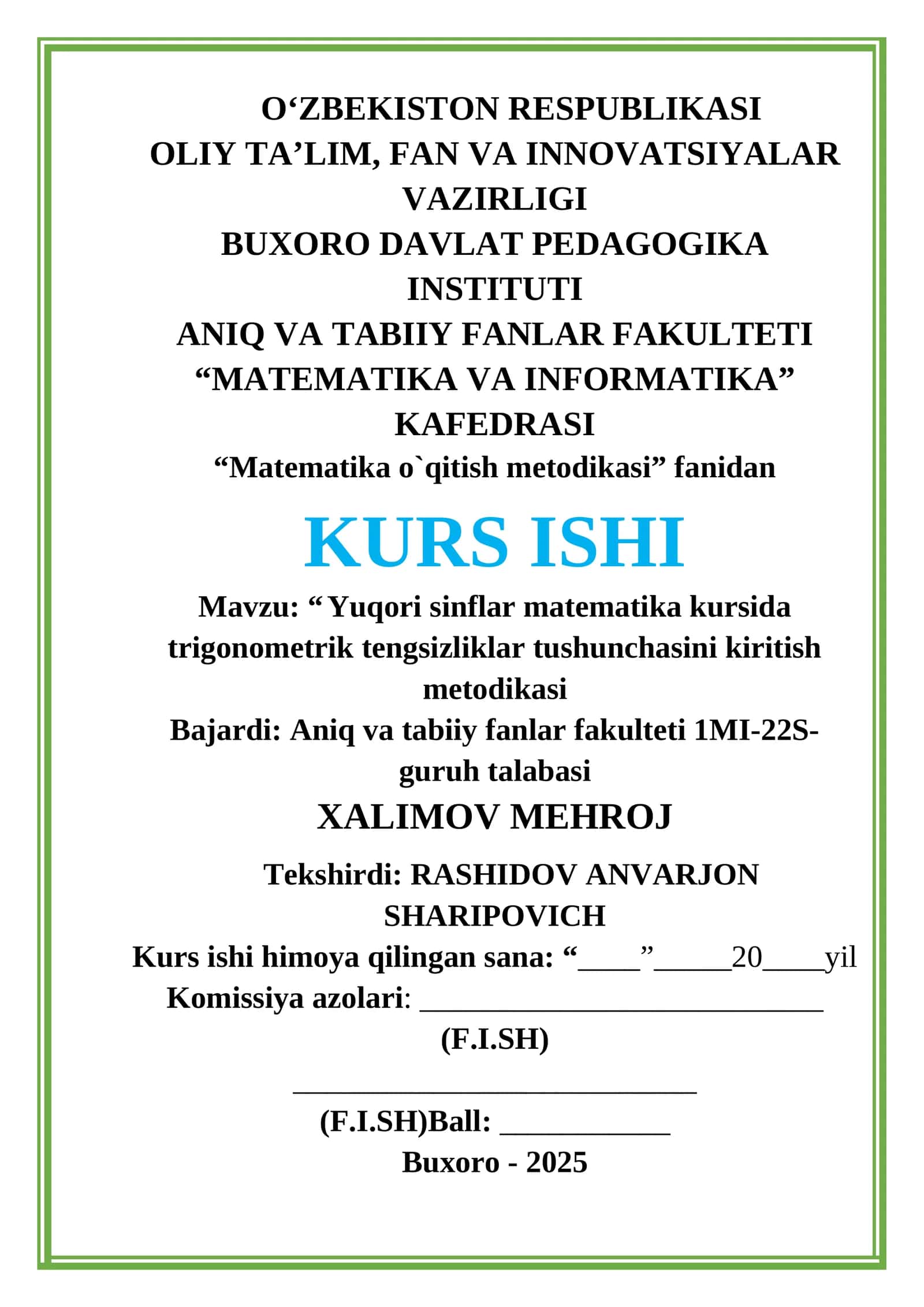 Yuqori sinflar matematika kursida trigonometrik tengsizliklar tushunchasini kiritish metodikasi 1