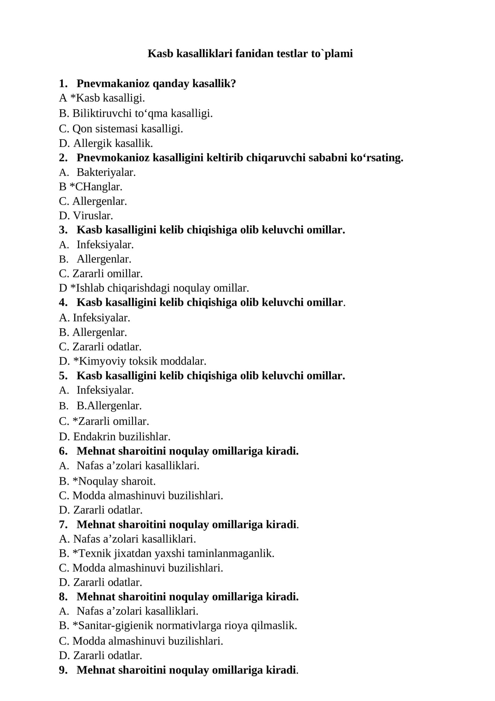 Kasb kasalliklari fanidan testlar to`plami 1