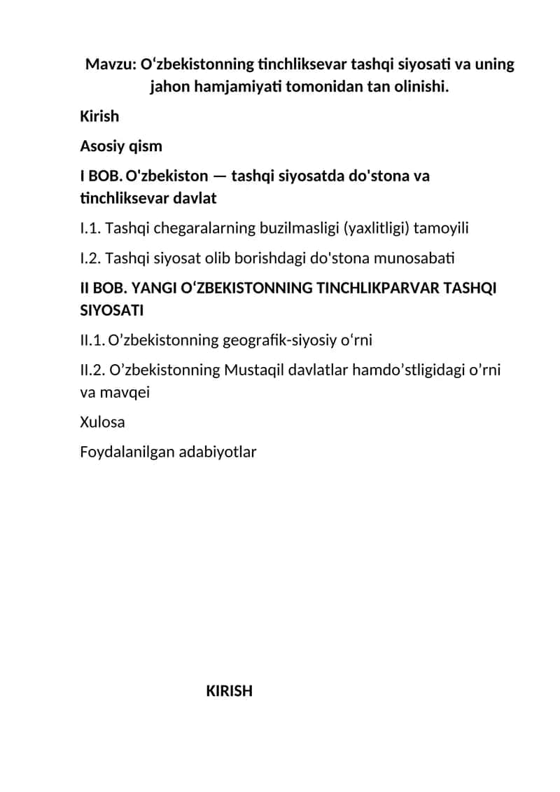 Oʻzbekistonning tinchliksevar tashqi siyosati va uning jahon hamjamiyati tomonidan tan olinishi. 1
