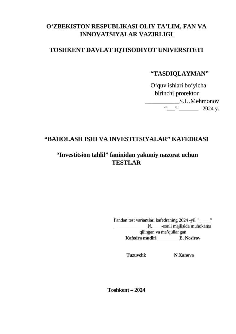 Investitsiya fanidan yakuniy nazorat testlari 1