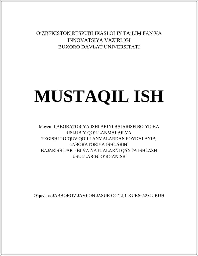 LABORATORIYA ISHLARINI BAJARISH BO‘YICHA USLUBIY QO‘LLANMALAR VA TEGISHLI O‘QUV QO‘LLANMALARDAN FOYDALANIB 1