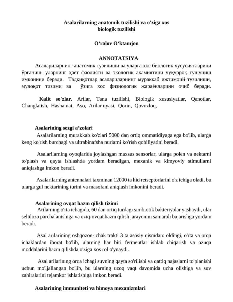 Asalarilarning anatomik tuzilishi va o'ziga xos biologik tuzilishi 1