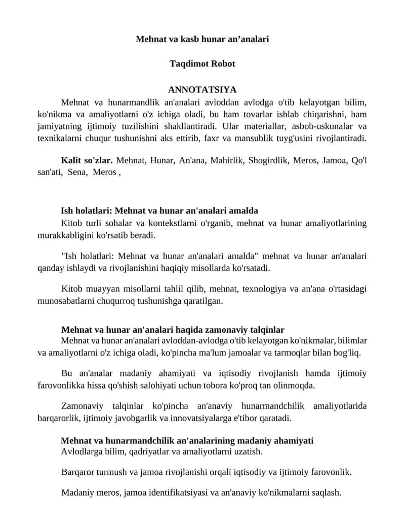 Mehnat va kasb hunar anʼanalari 1