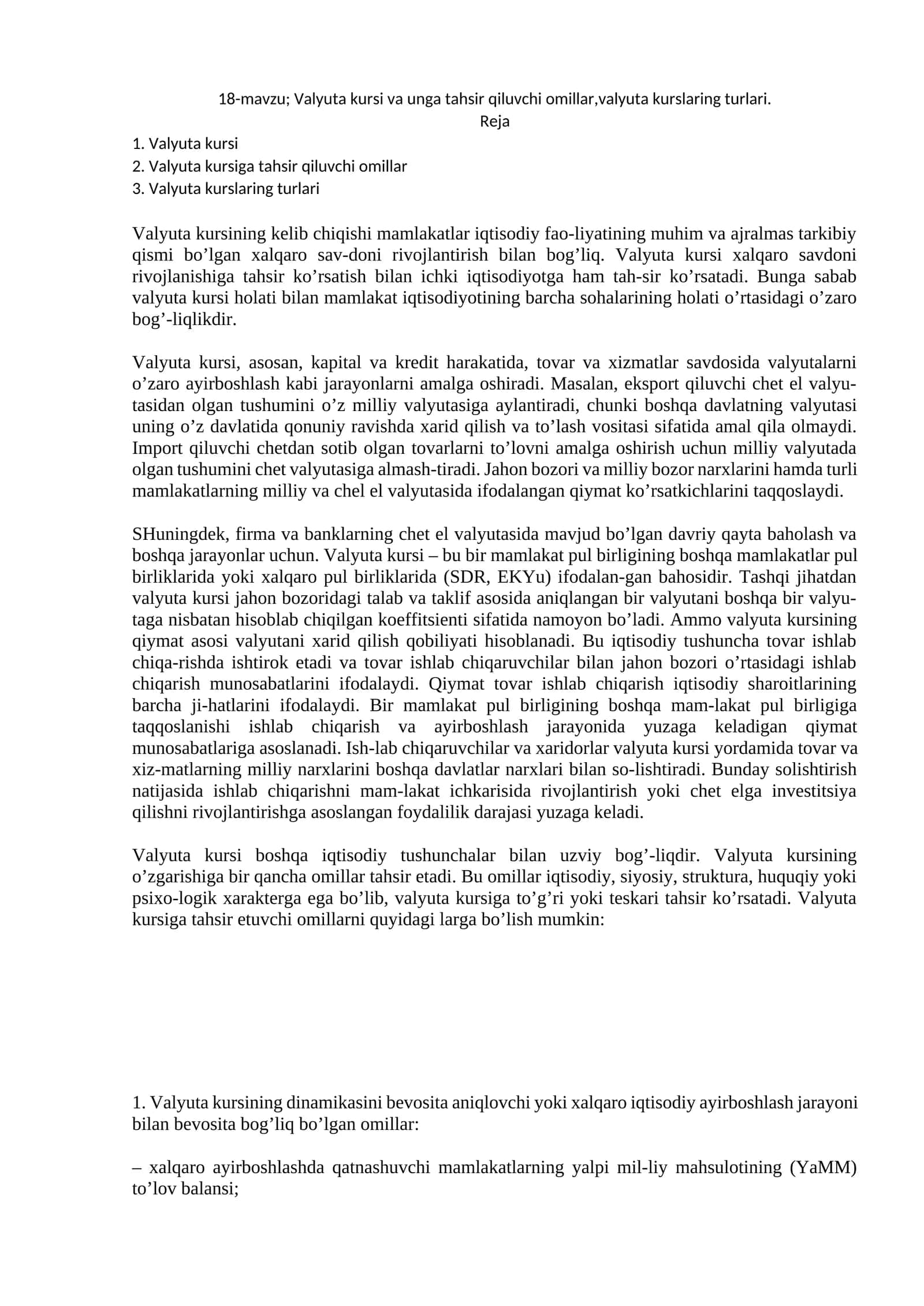 Vаlyutа kursi vа ungа tаhsir qiluvchi omillаr,vаlyutа kurslаring turlаri 1