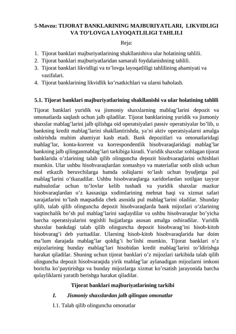 TIJОRАT BАNKLАRINING MАJBURIYATLАRI, LIKVIDLIGI VА TO’LОVGА LАYOQАTLILIGI TАHLILI 1