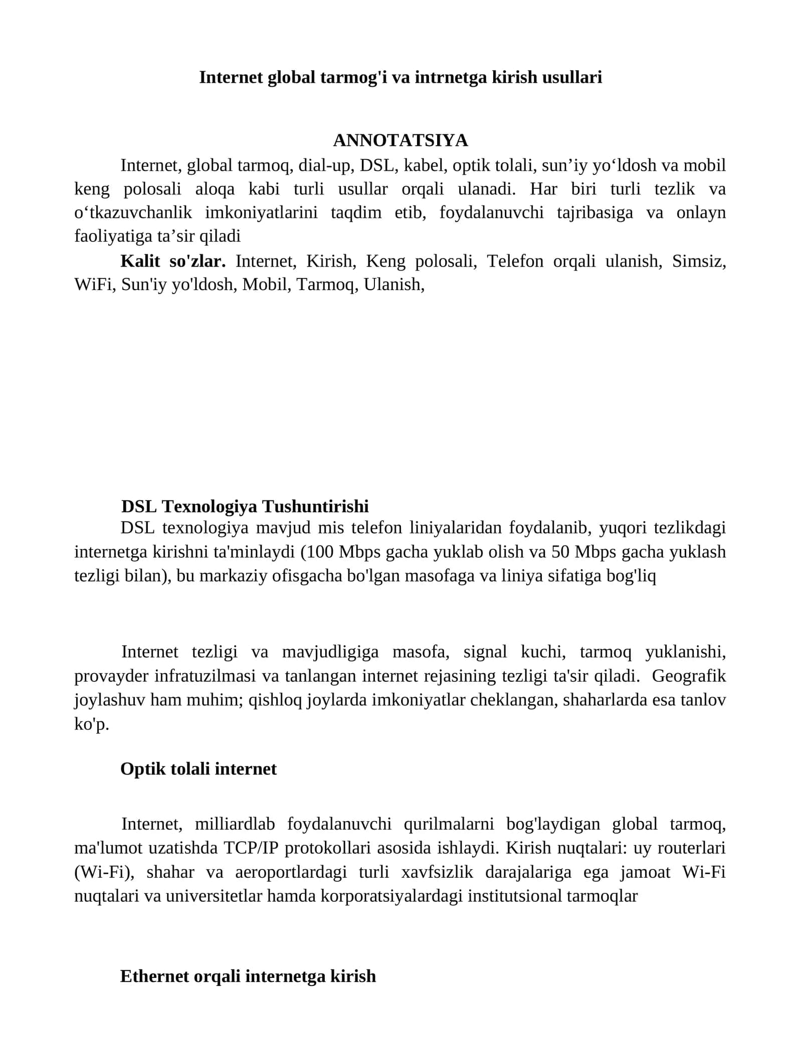Internet global tarmog'i va intrnetga kirish usullari 1