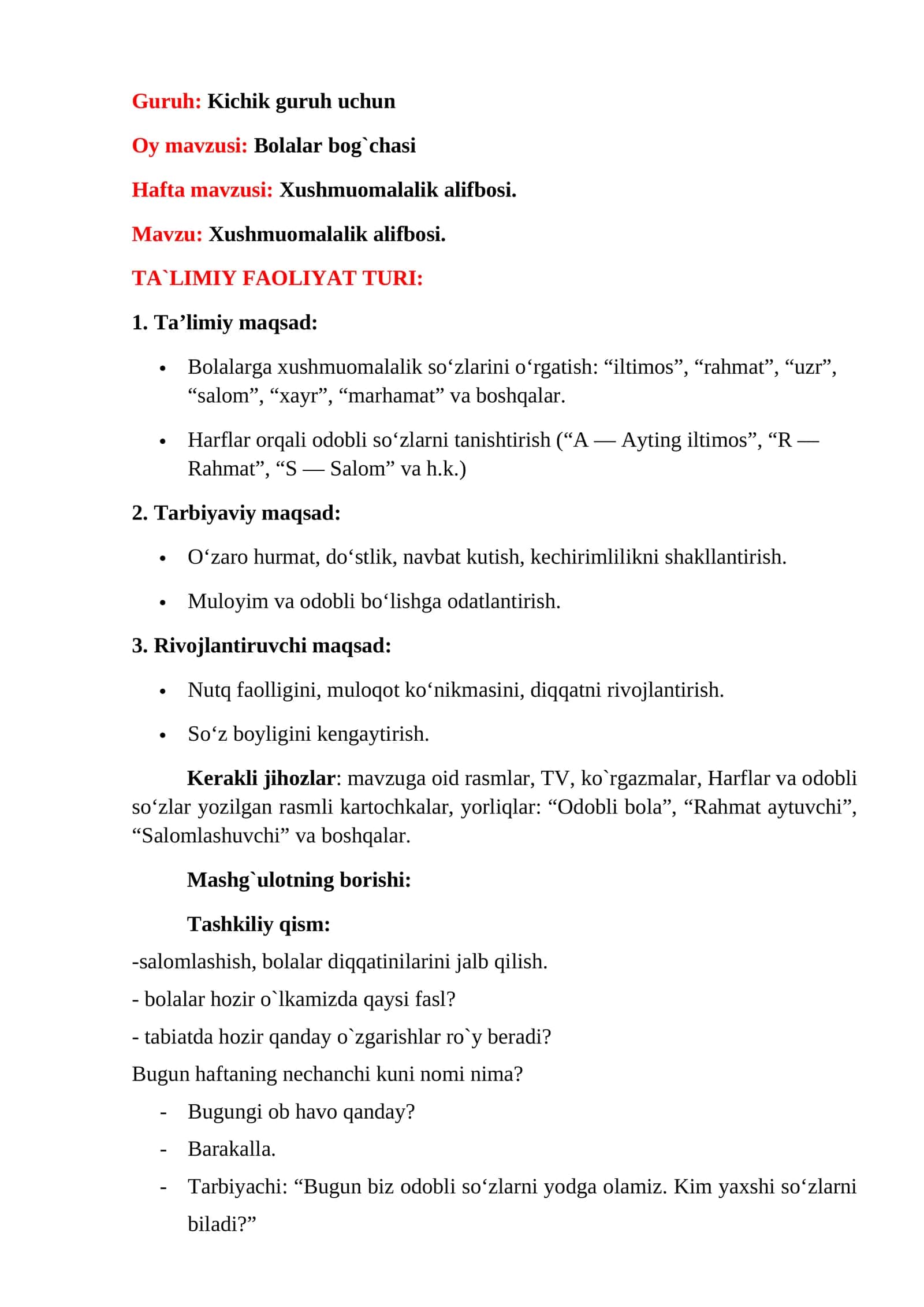 Xushmuomalalik alifbosi 1