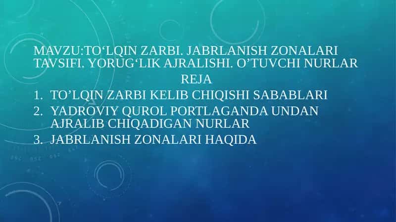 To‘lqin zarbi. Jabrlanish zonalari tavsifi. Yorug‘lik ajralishi. O’tuvchi nurlar 1