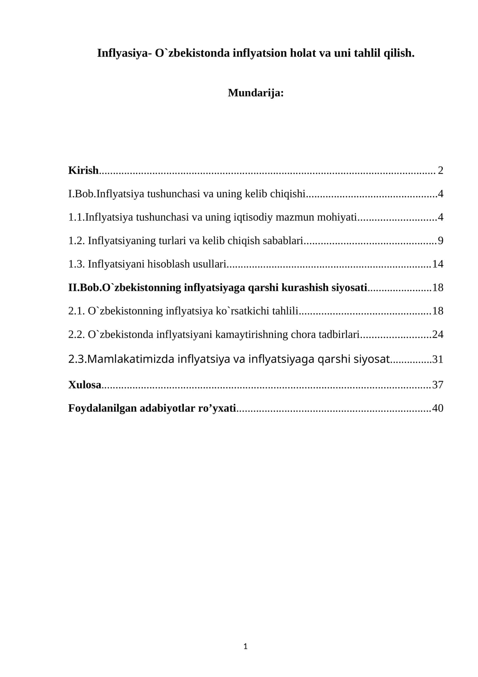 Inflyasiya- O`zbekistonda inflyatsion holat va uni tahlil qilish 1