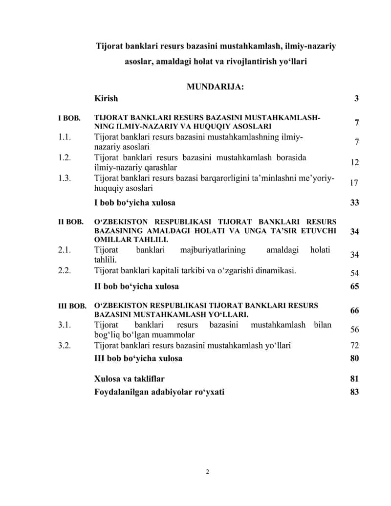 Tijorat banklari resurs bazasini mustahkamlash, ilmiy-nazariy asoslar, amaldagi holat va rivojlantirish yo‘llari BMI 1
