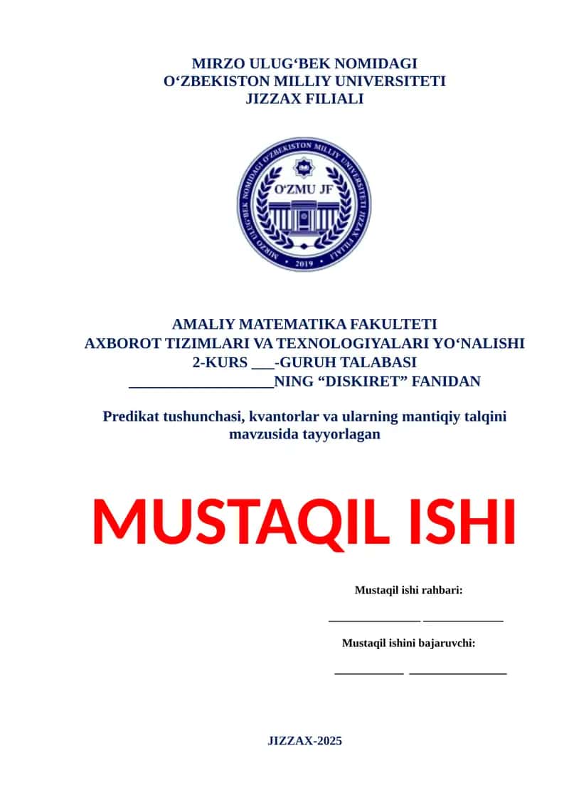Predikat tushunchasi, kvantorlar va ularning mantiqiy talqini 1