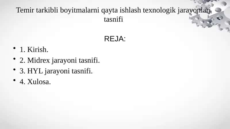 Temir tarkibli boyitmalarni qayta ishlash texnologik jarayonlari tasnifi 1