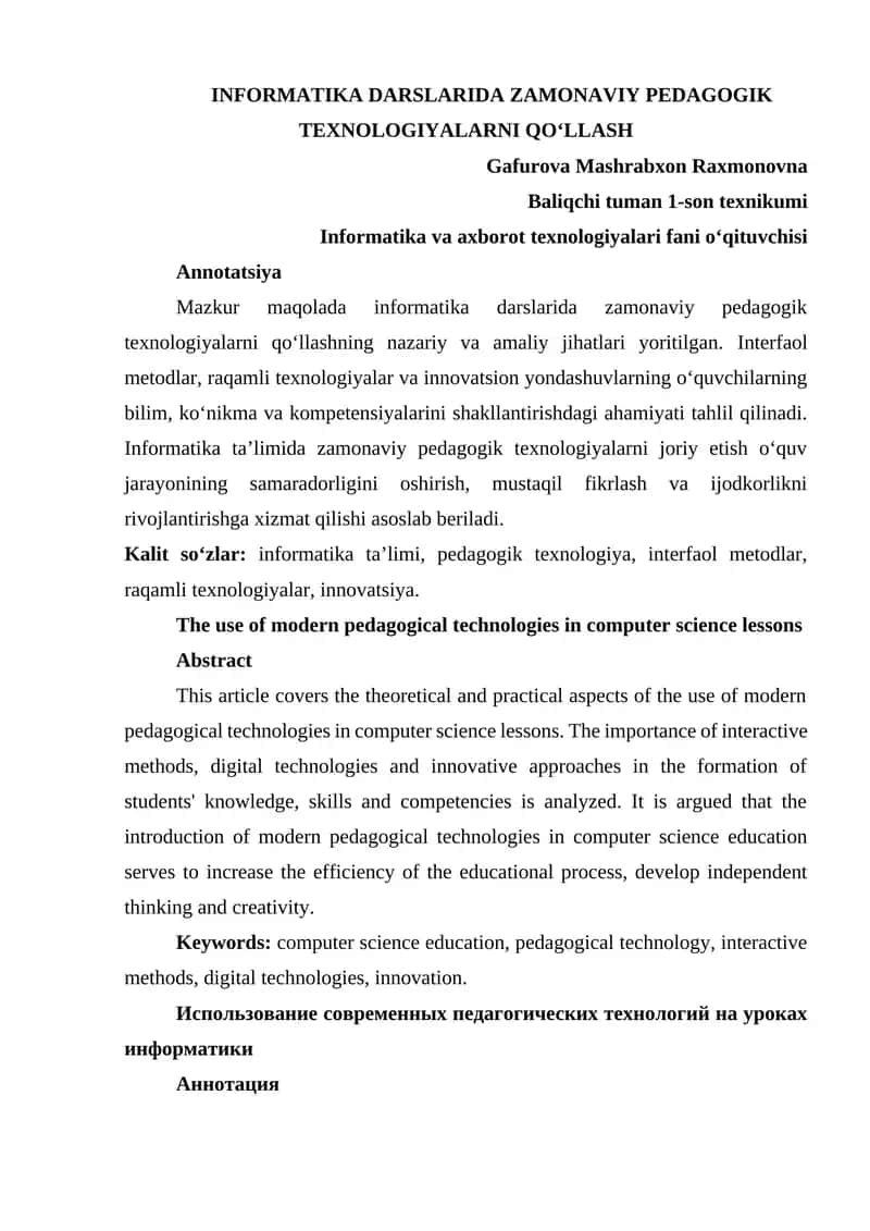 INFORMATIKA DARSLARIDA ZAMONAVIY PEDAGOGIK TEXNOLOGIYALARNI QOʻLLASH 1
