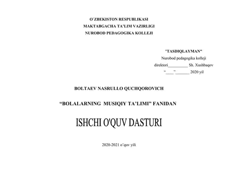 "Bolalarning Musiqli Talimi" fani dasturi 1