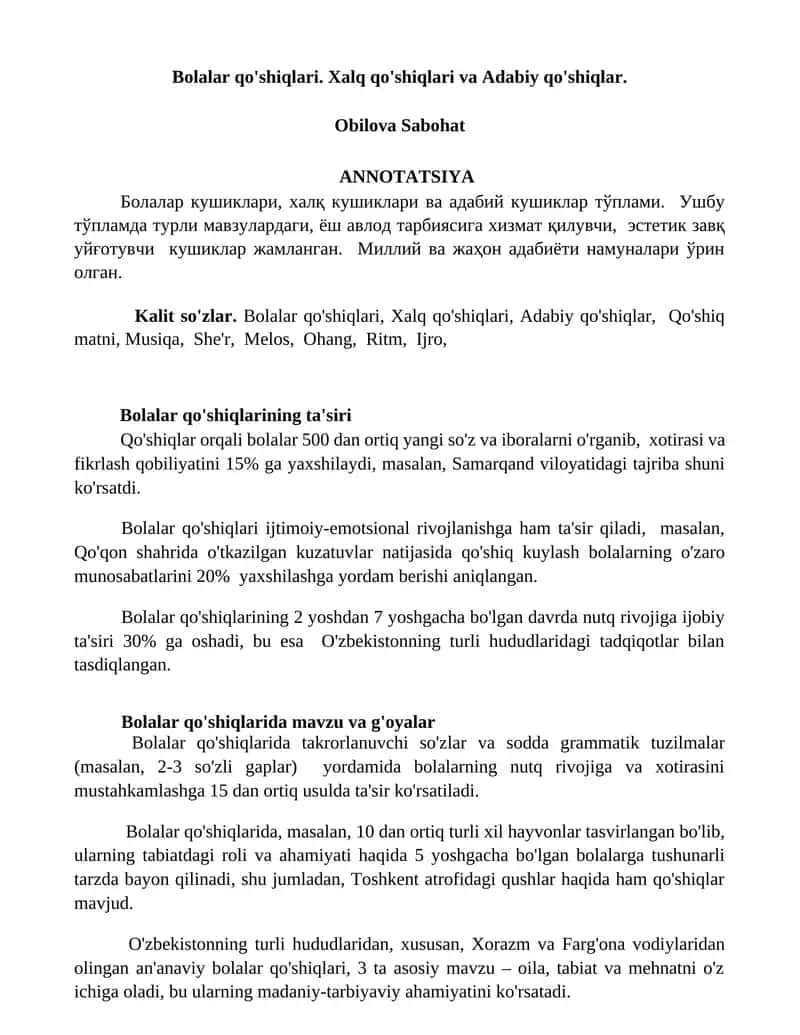 Bolalar qo'shiqlari. Xalq qo'shiqlari va Adabiy qo'shiqlar 1