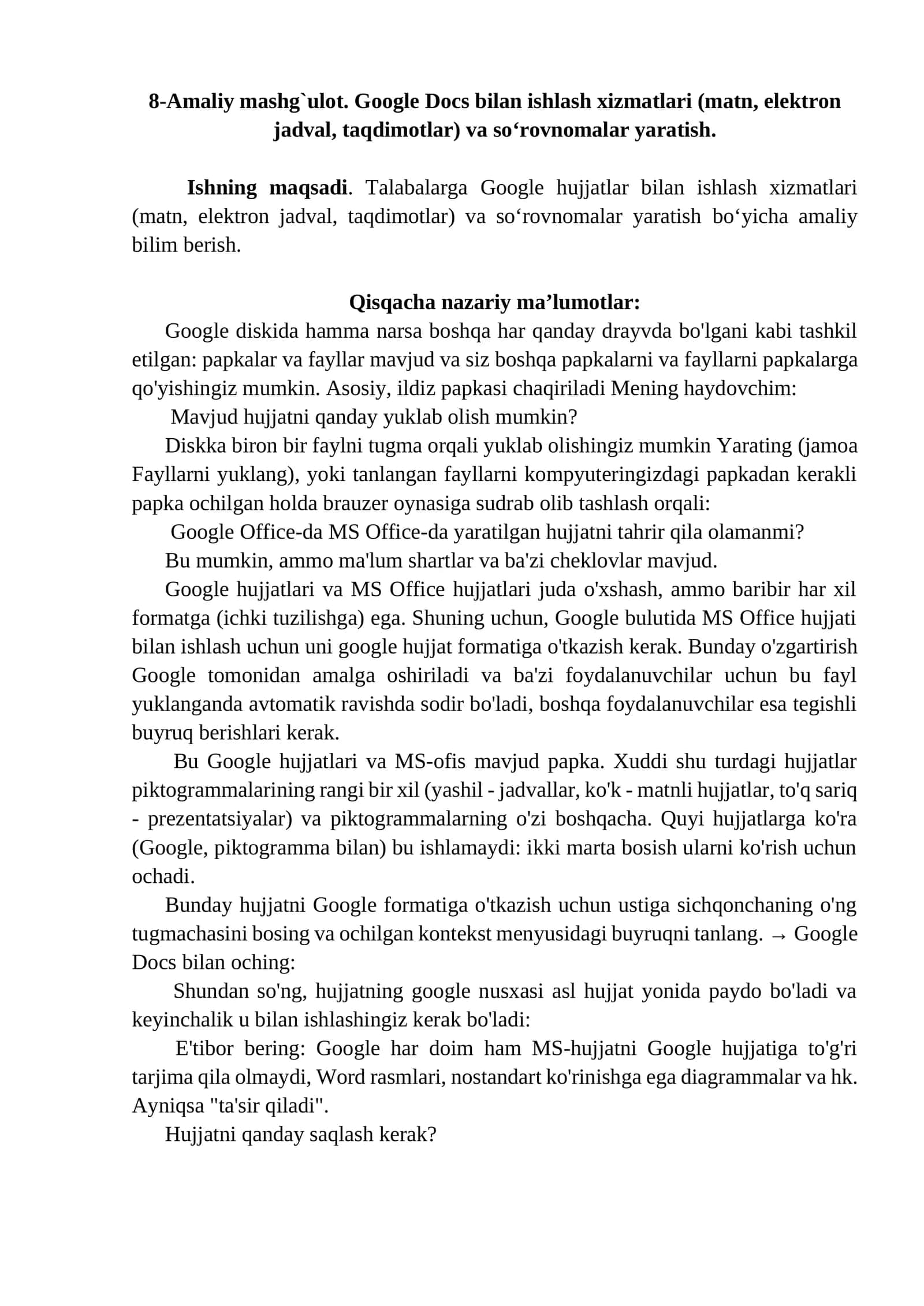 8-Amaliy mashg`ulot. Google Docs bilan ishlash xizmatlari (matn, elektron jadval, taqdimotlar) va so‘rovnomalar yaratish 1