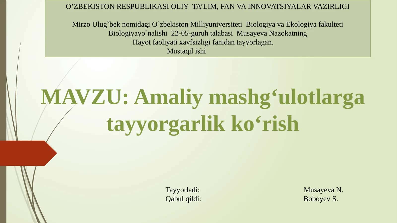 Hayot faoliyati xavfsizligi fanidan tayyorlagan 1