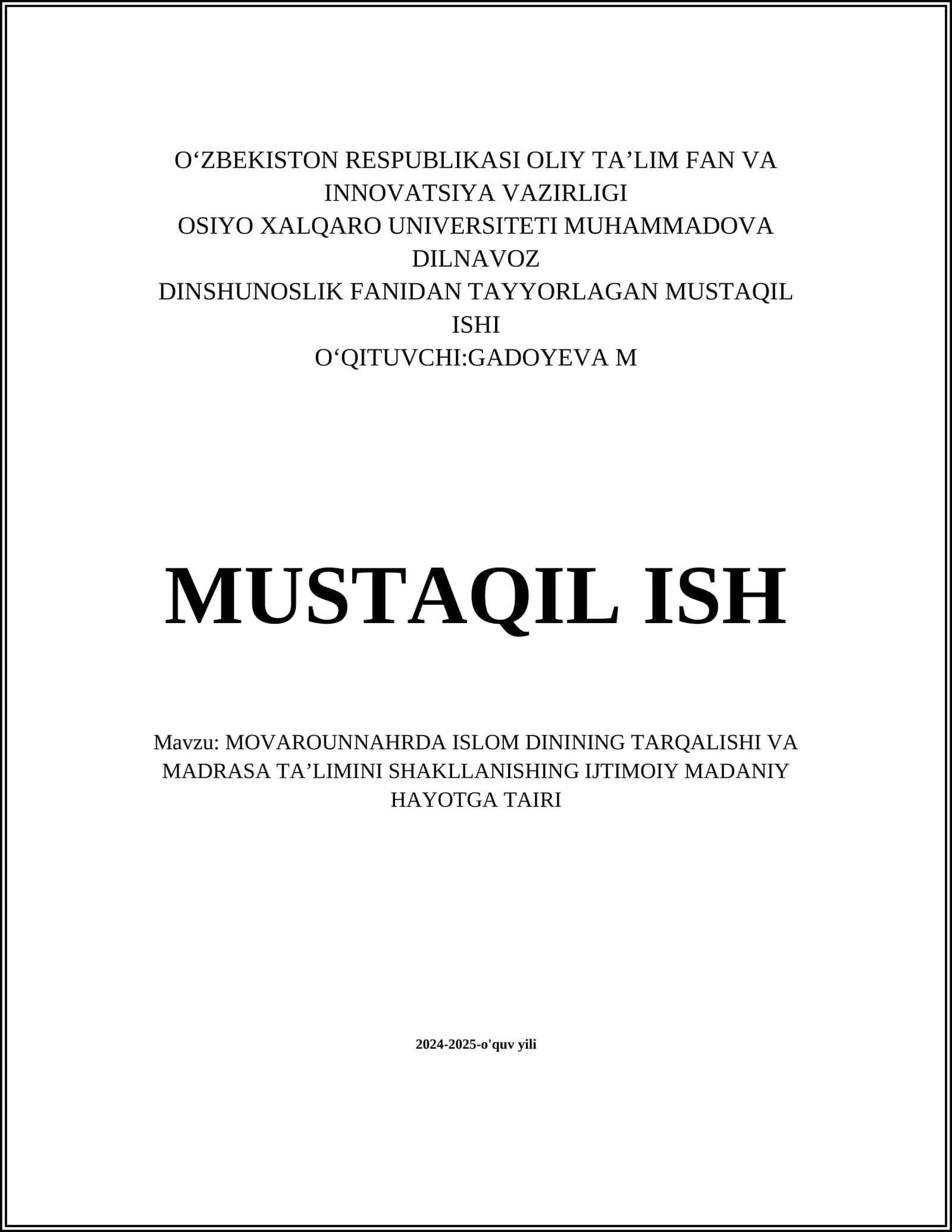MOVAROUNNAHRDA ISLOM DININING TARQALISHI VA MADRASA TAʼLIMINI SHAKLLANISHING IJTIMOIY MADANIY HAYOTGA TAIRI 1