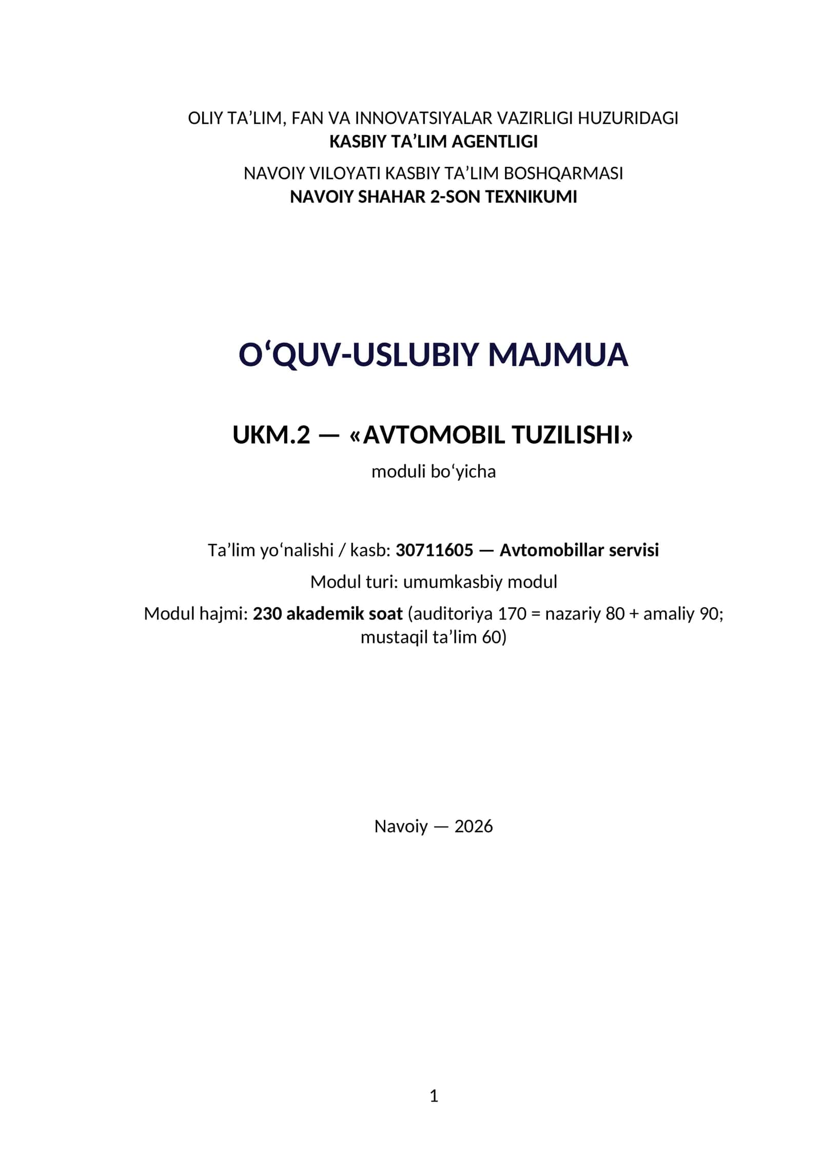 Avtomobil tuzulishi Modul 170 soat 1