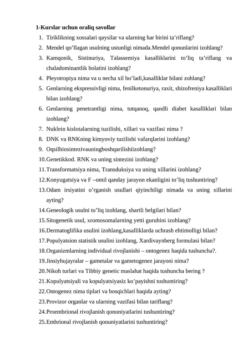 Kurslar uchun oraliq savollar 1