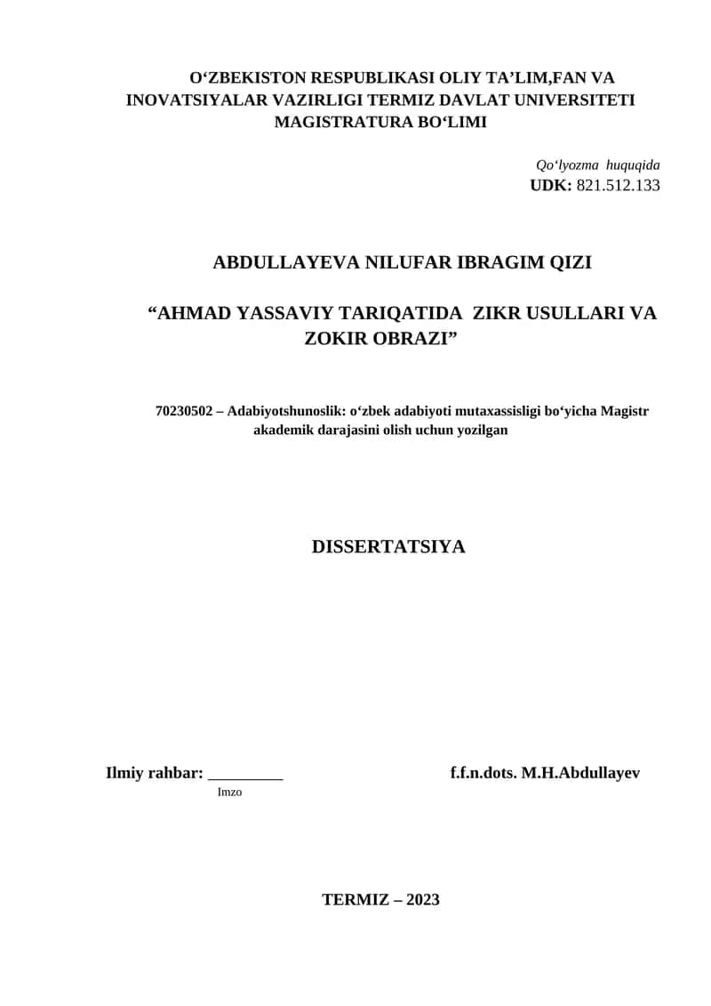 Magistrlik dissertatsiyasi mavzusi Termiz davlat universiteti rektorining 2022-yil 24-yanvardagi №_2-T\M sonli buyrugʻi asosida tasdiqlangan 1