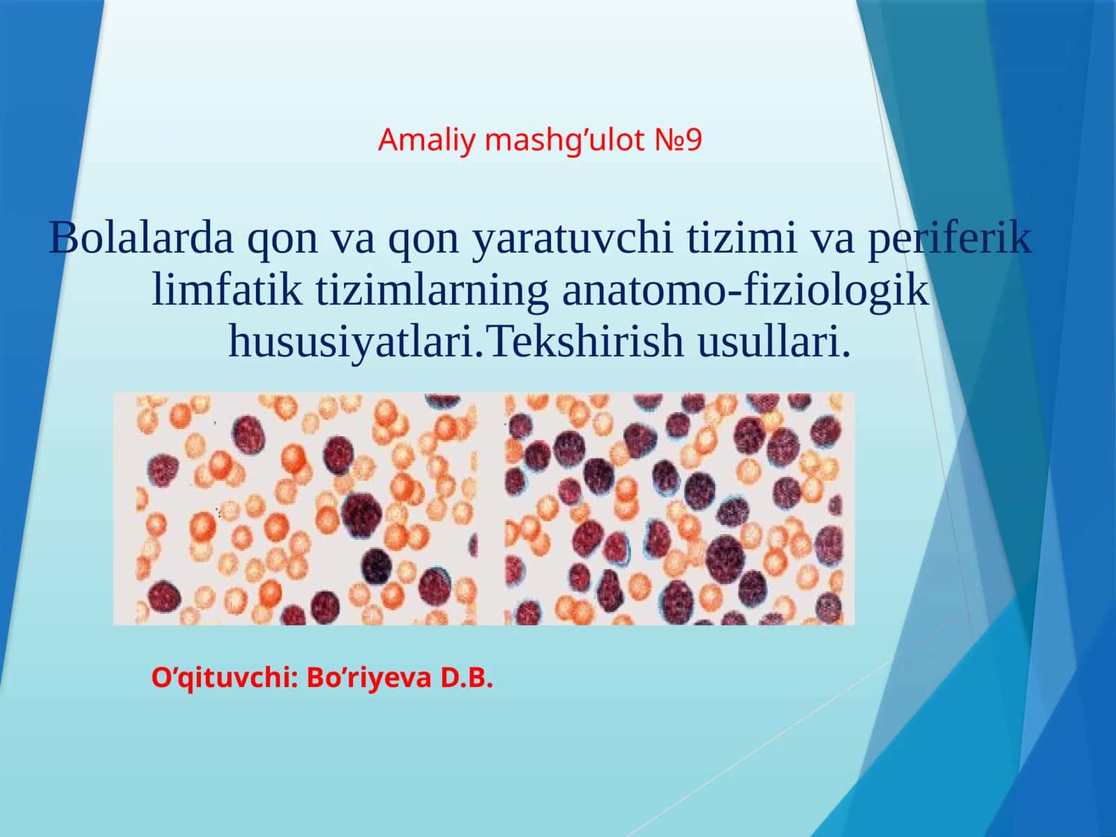 Amaliymashg’ulot№9Bolalarda qon va qon yaratuvchi tizimi va periferik limfatik tizimlarning anatomo-fiziologik hususiyatlari.Tekshirish usullari 1