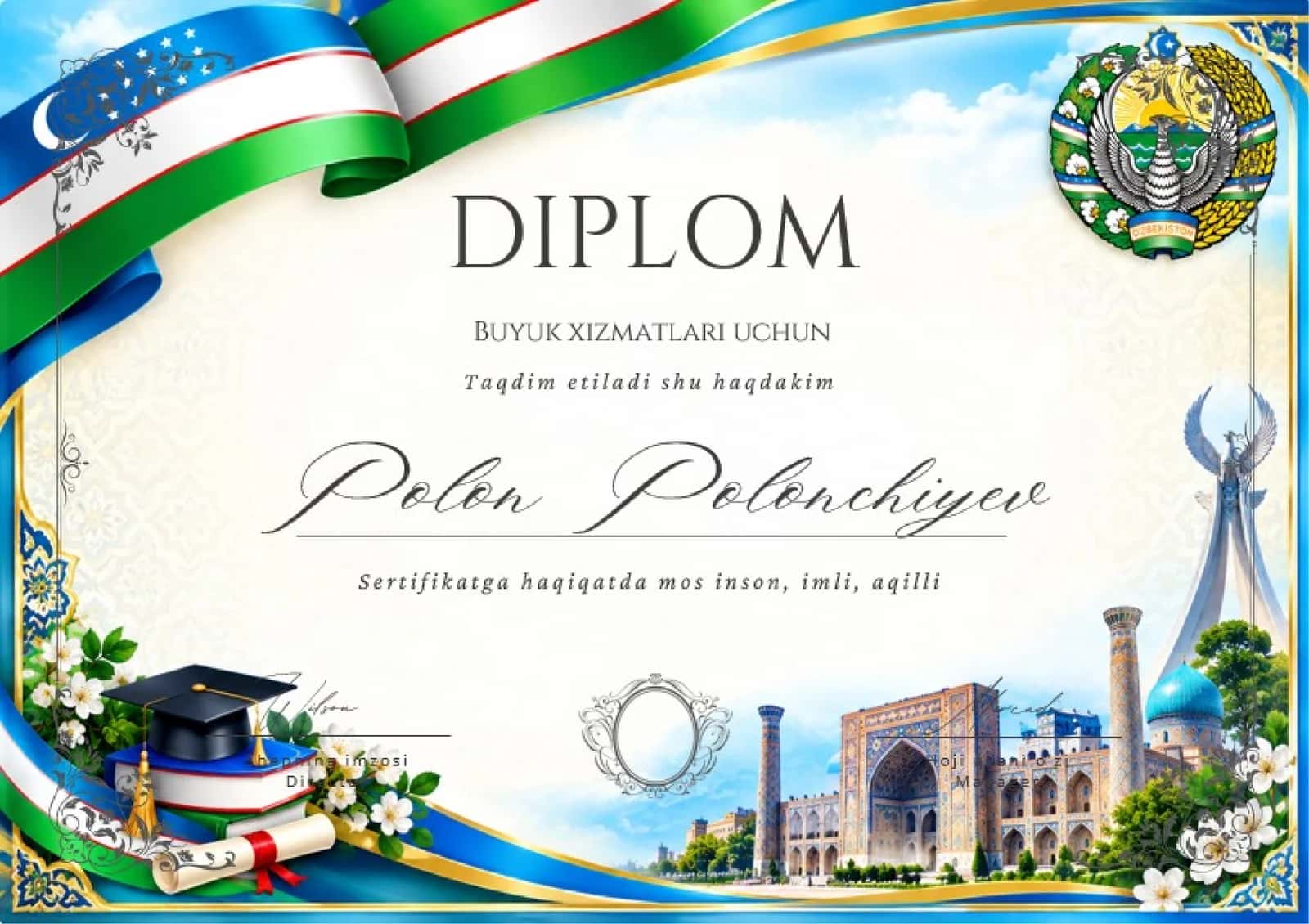 Shablon diplom, sertifikat, faxriy yorliq, tashakkurnoma yoki maqtov yorlig'i 1
