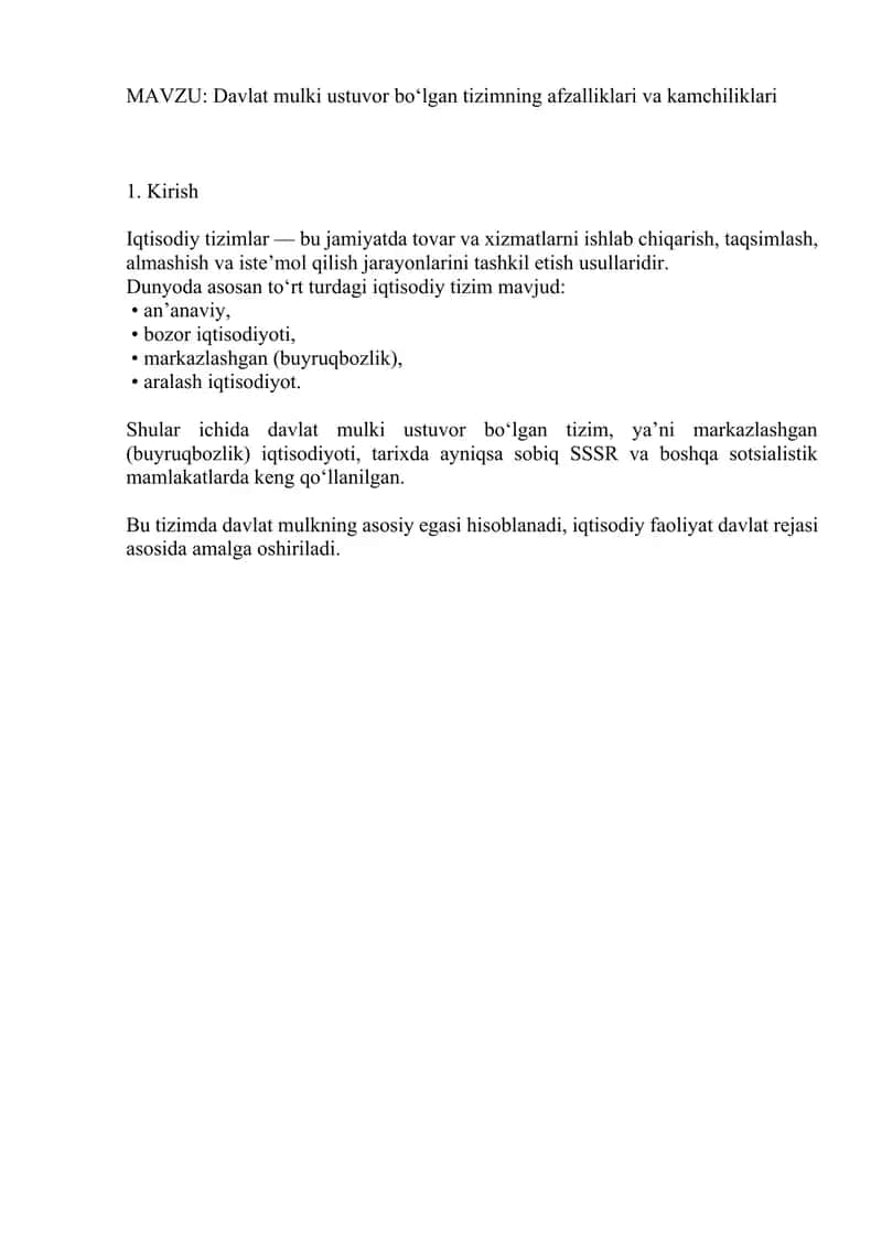 Davlat mulki ustuvor bo‘lgan tizimning afzalliklari va kamchiliklari 1