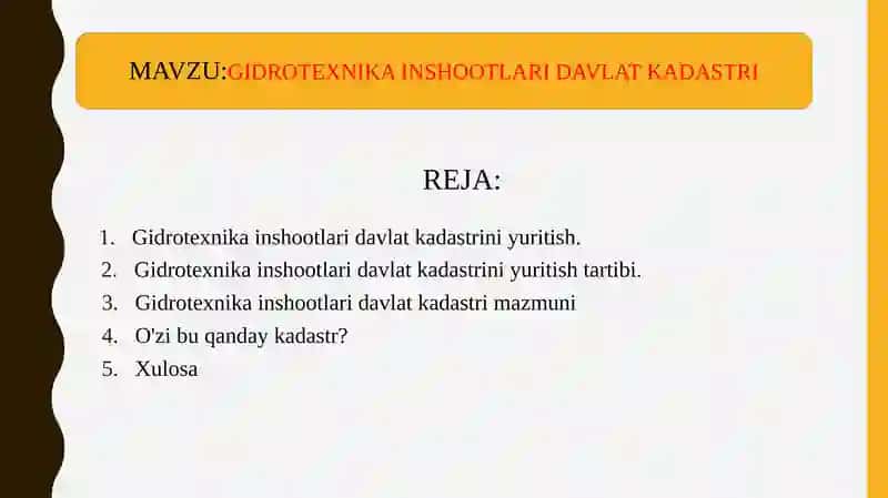 Gidrotexnika inshootlari davlat kadastrini yuritish