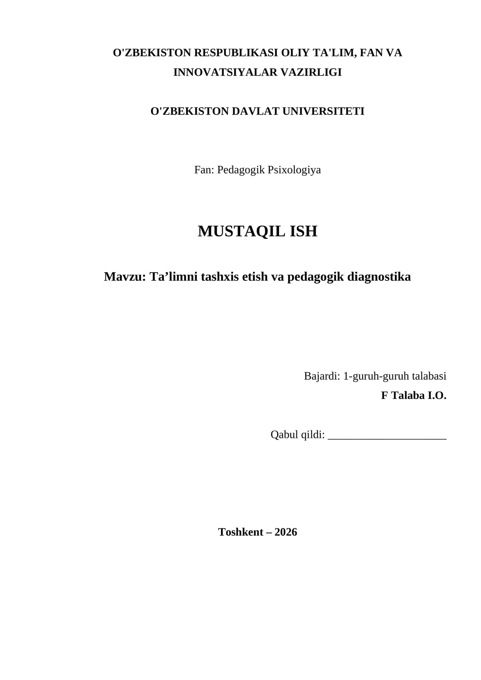 Ta’limni tashxis etish va pedagogik diagnostika 1