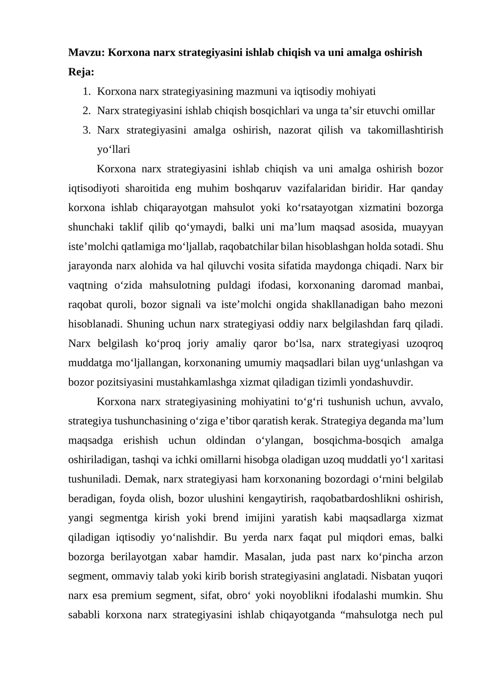 Korxona narx strategiyasini ishlab chiqish va uni amalga oshirish 1