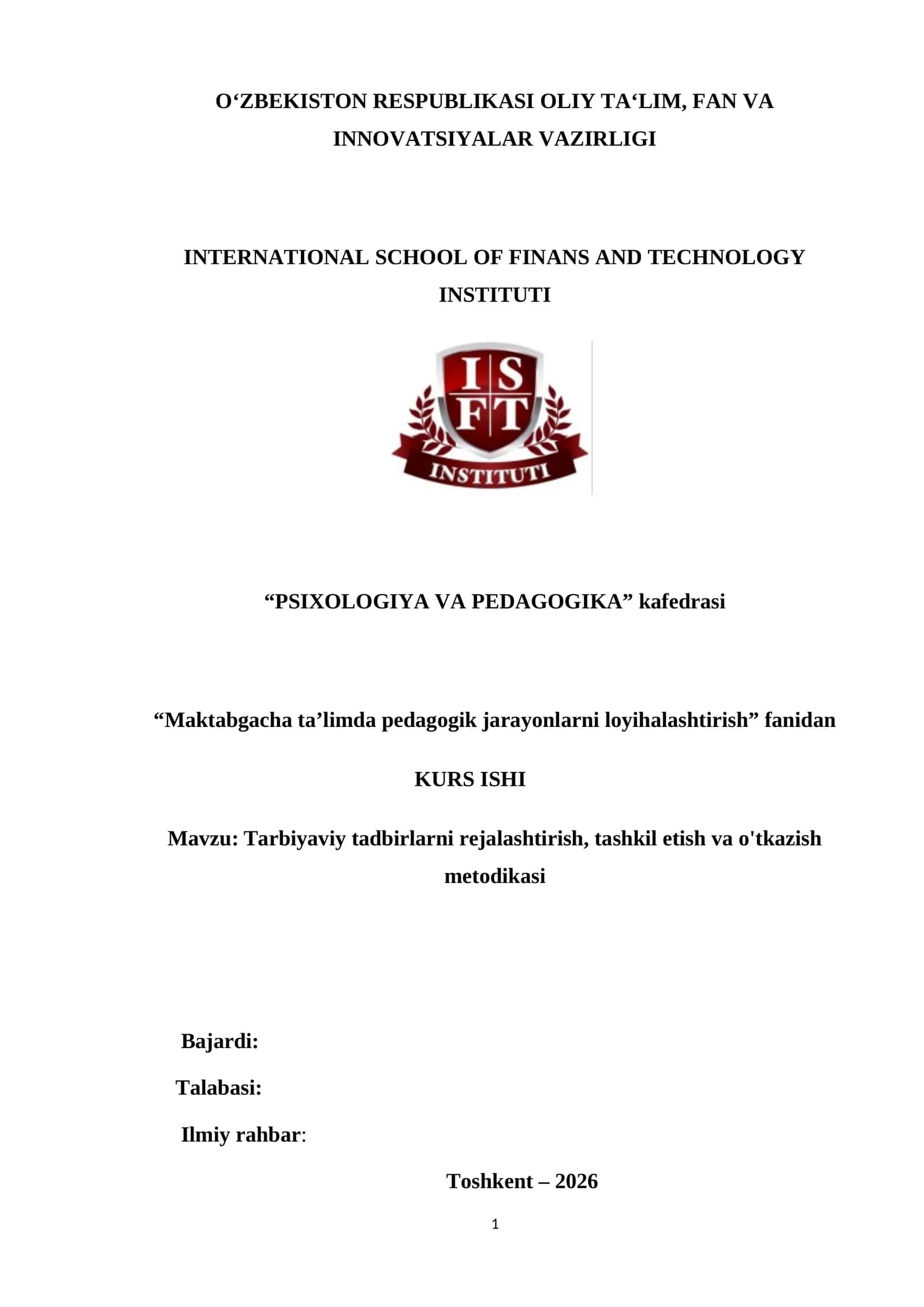 Tarbiyaviy tadbirlarni rejalashtirish, tashkil etish va o'tkazish metodikasi 1