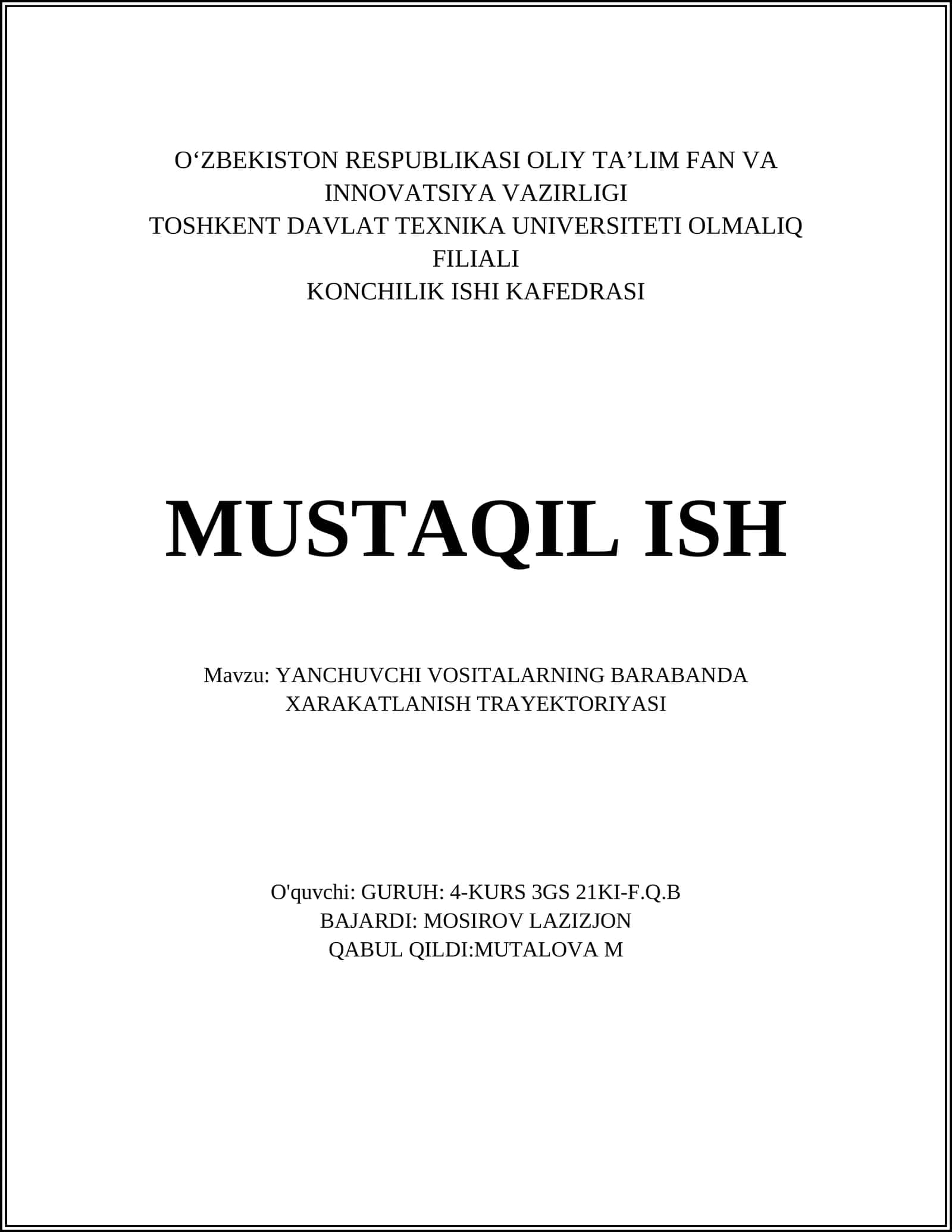 YANCHUVCHI VOSITALARNING BARABANDA XARAKATLANISH TRAYEKTORIYASI 1