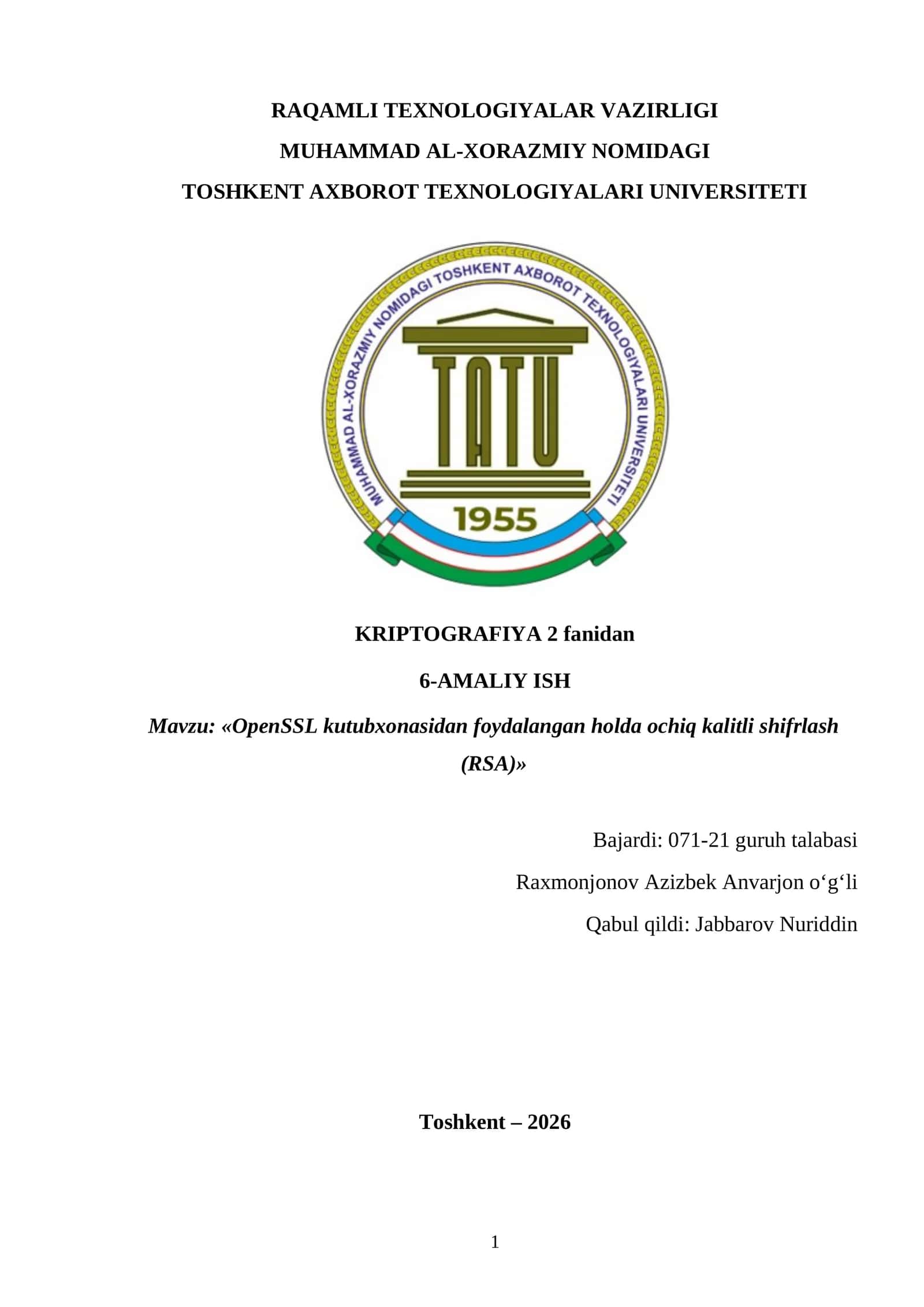OpenSSL kutubxonasidan foydalangan holda ochiq kalitli shifrlash (RSA) 1