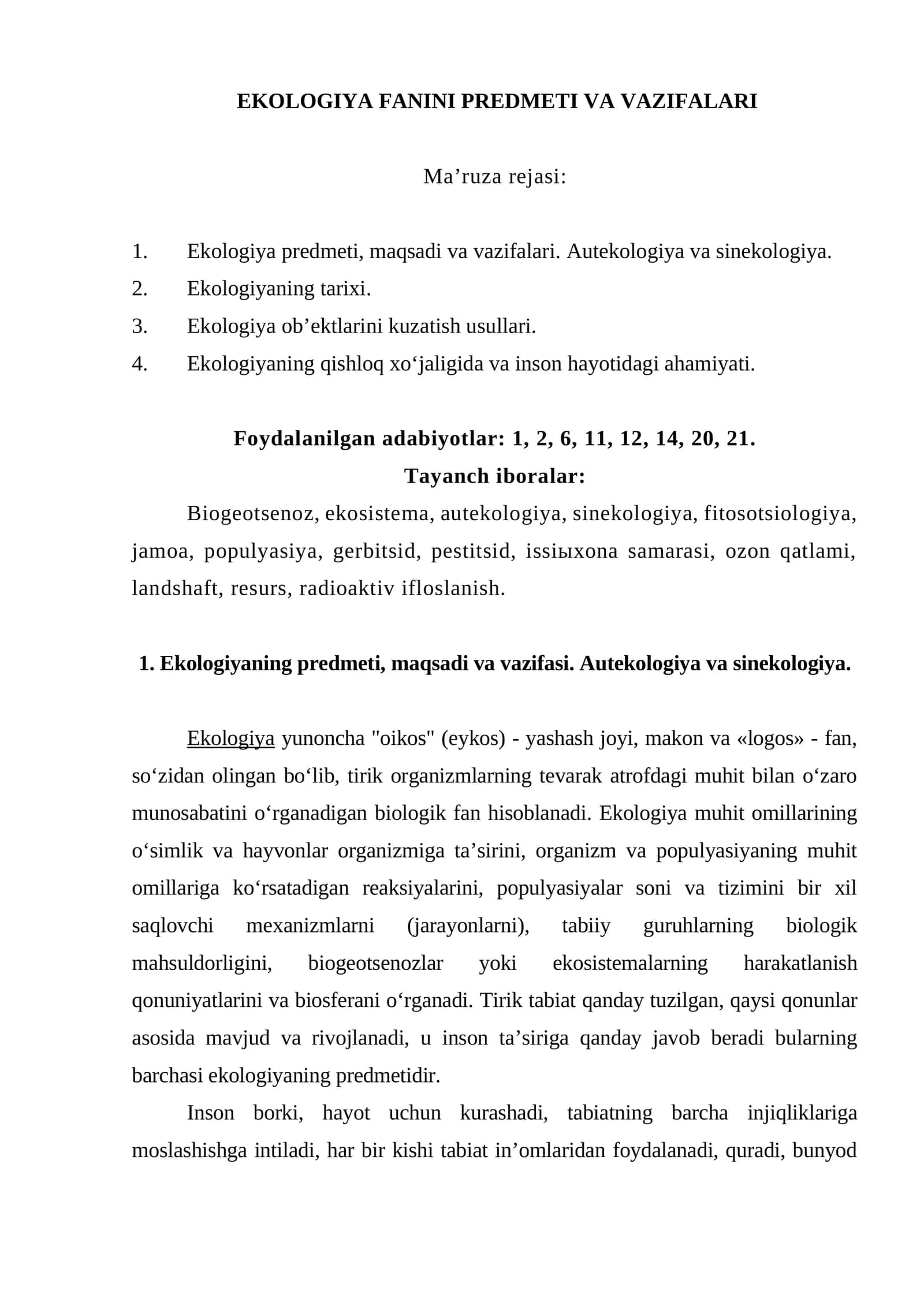 EKOLOGIYA FANINI PREDMETI VA VAZIFALARI 1