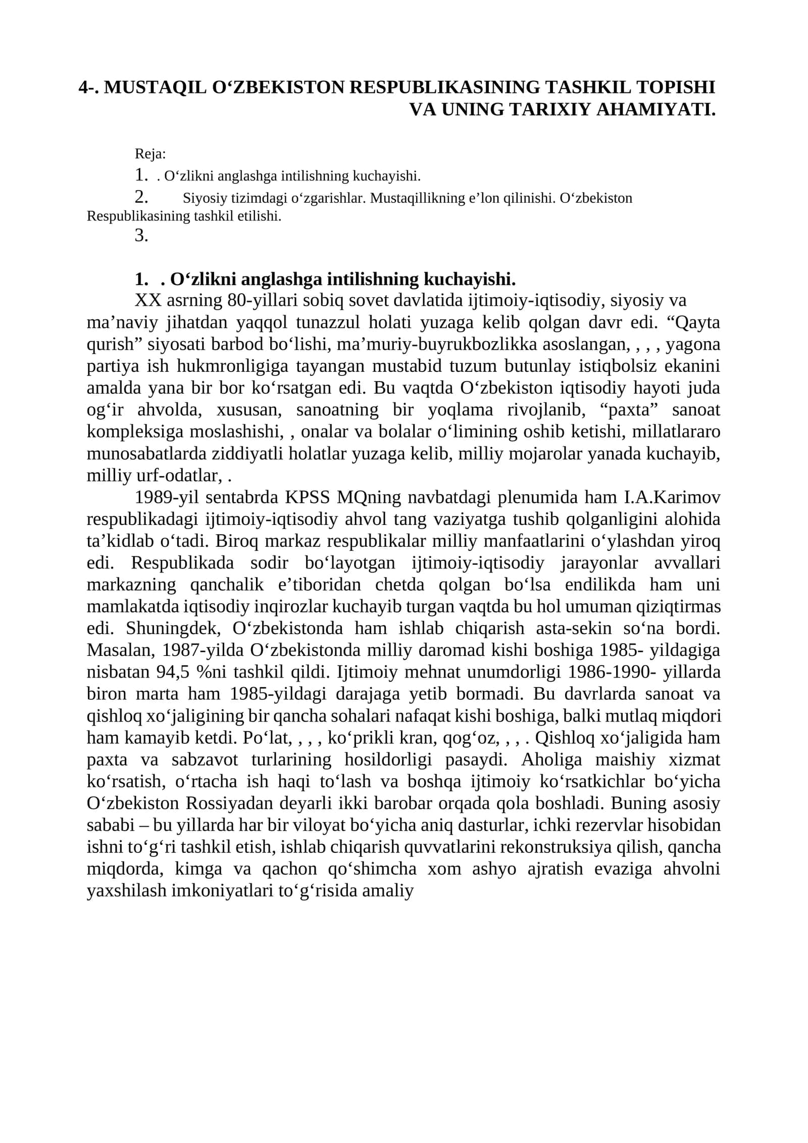 MUSTAQIL O‘ZBEKISTON RESPUBLIKASINING TASHKIL TOPISHI VA UNING TARIXIY AHAMIYATI 1