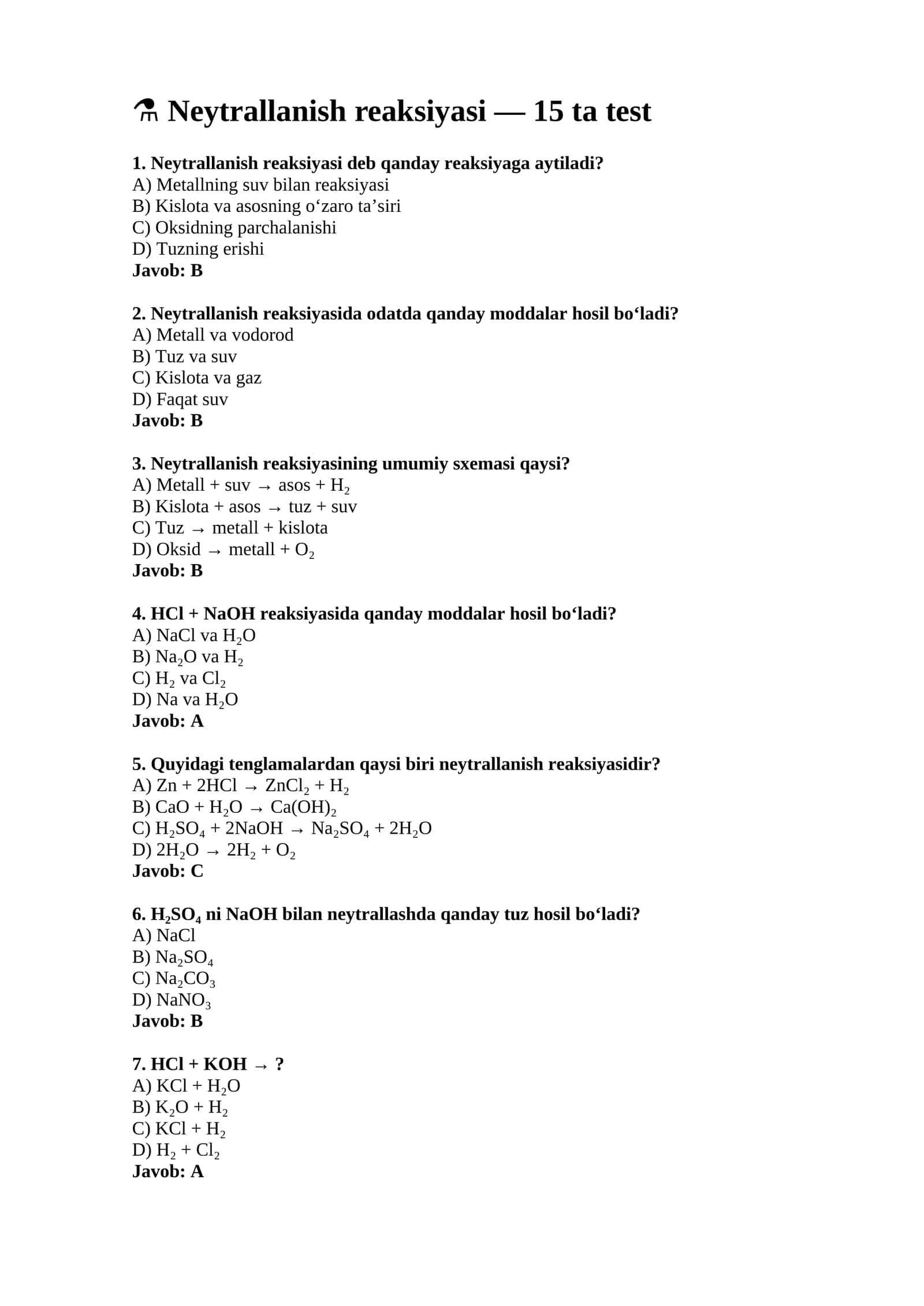 Neytrallanish reaksiyasi — 15 ta test 1