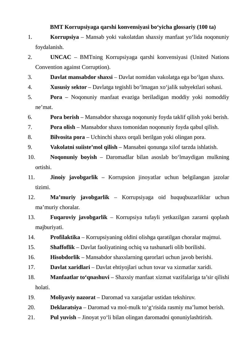 BMT Korrupsiyaga qarshi konvensiyasi bo‘yicha glossariy (100 ta) 1