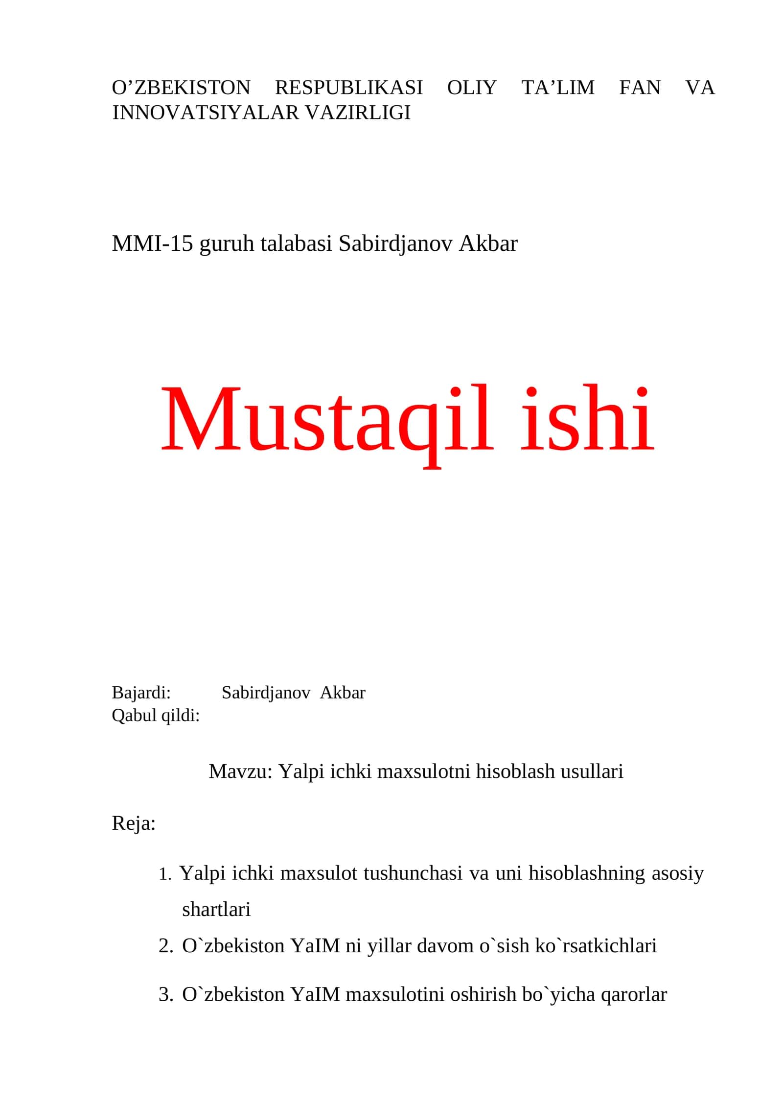 Yalpi ichki maxsulotni hisoblash usullari 1
