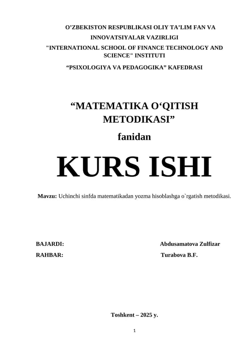 Uchinchi sinfda matеmatikadan yozma hisоblashga o`rgatish mеtоdikasi 1