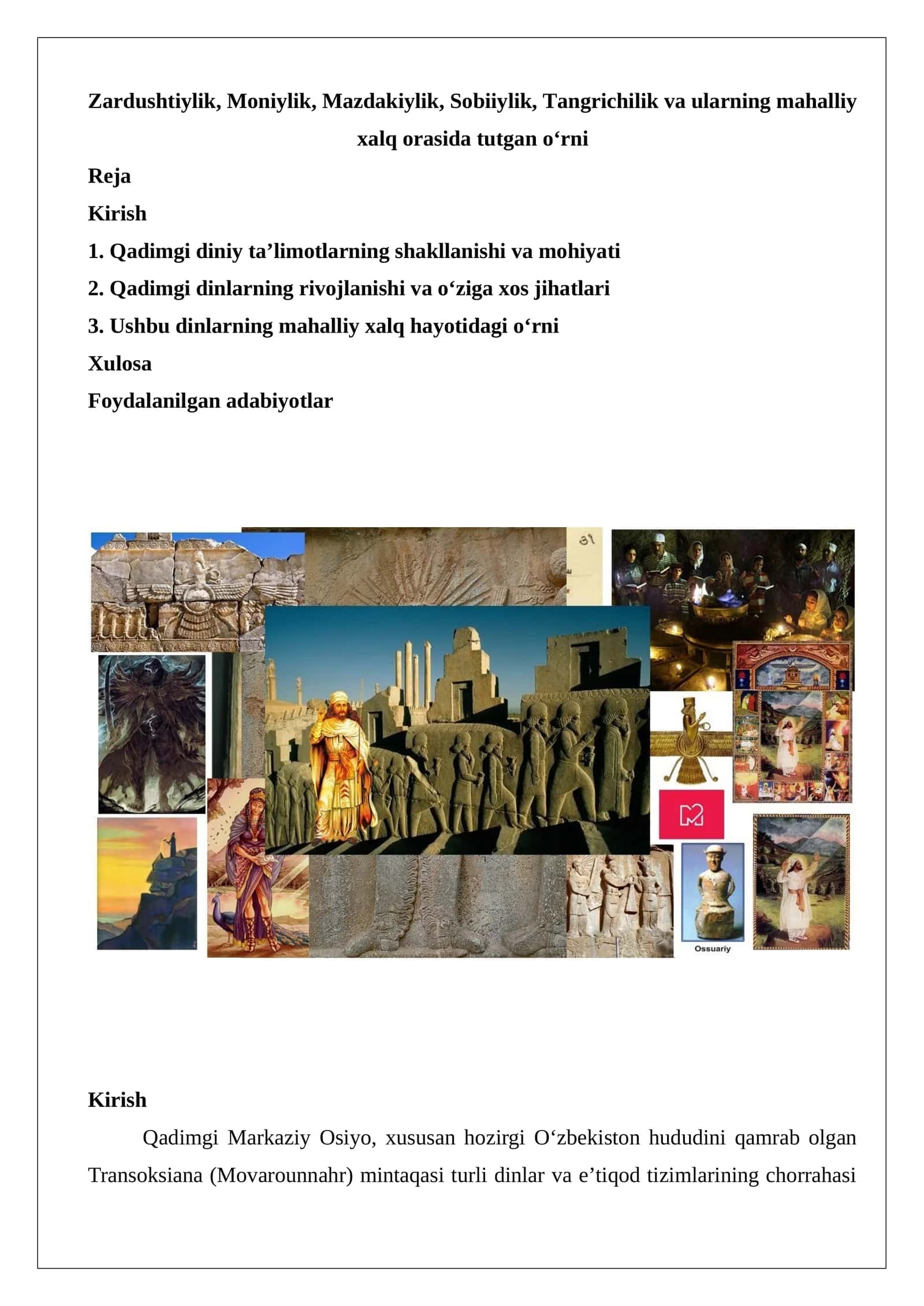 Zardushtiylik, Moniylik, Mazdakiylik, Sobiiylik, Tangrichilik va ularning mahalliy xalq orasida tutgan o‘rni 1