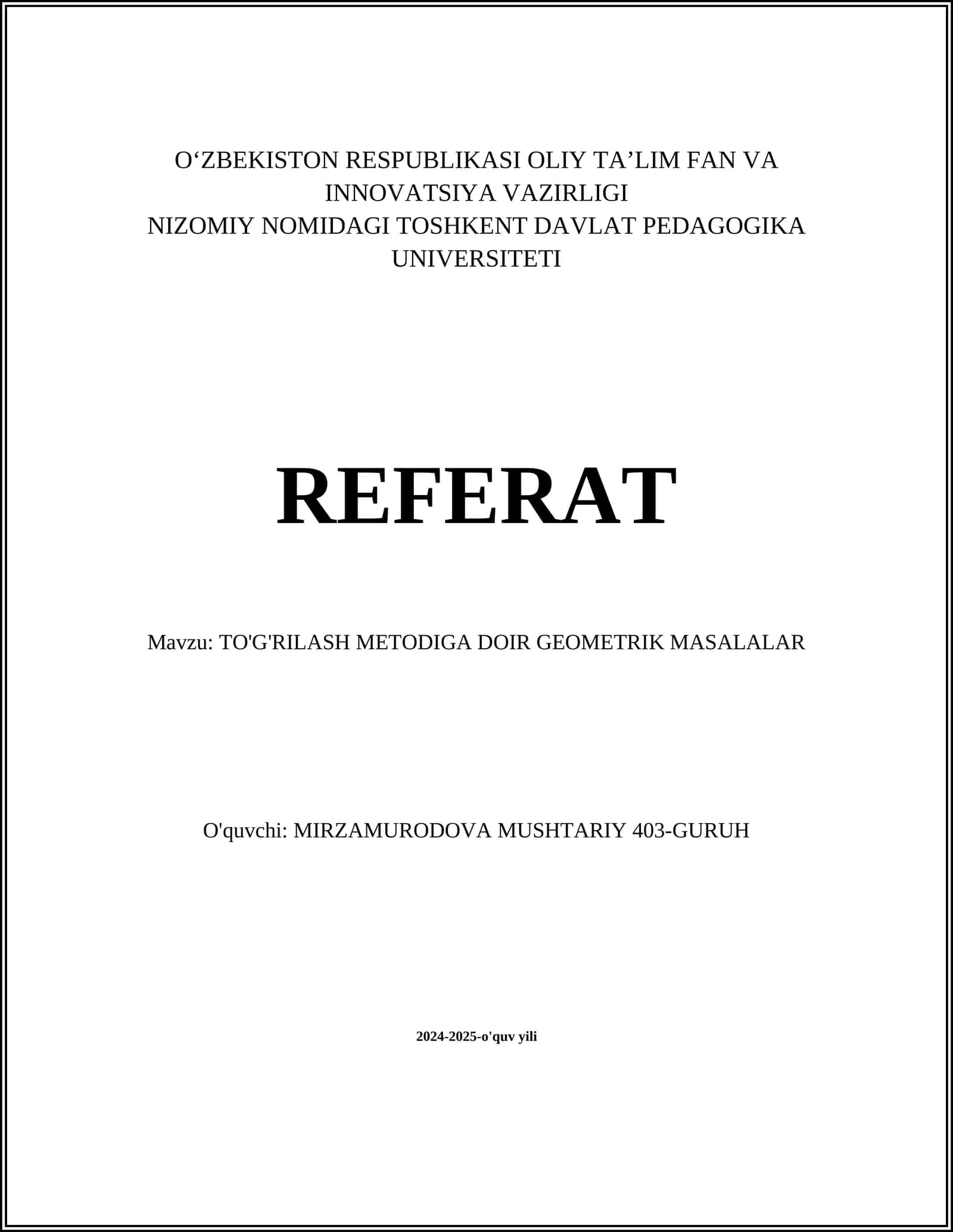 TO'G'RILASH METODIGA DOIR GEOMETRIK MASALALAR 1