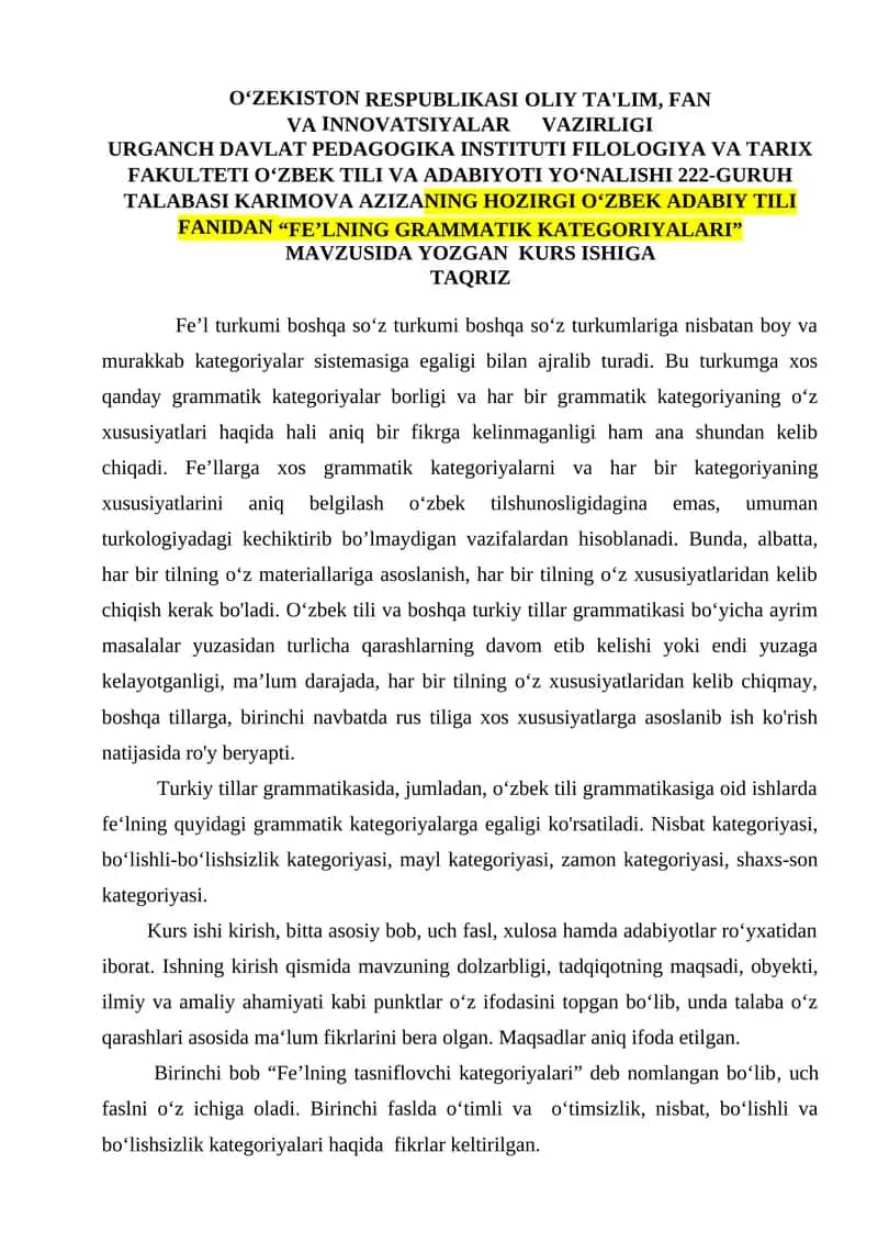 "Fe’lning Grammatik Kategoriyalari" 1