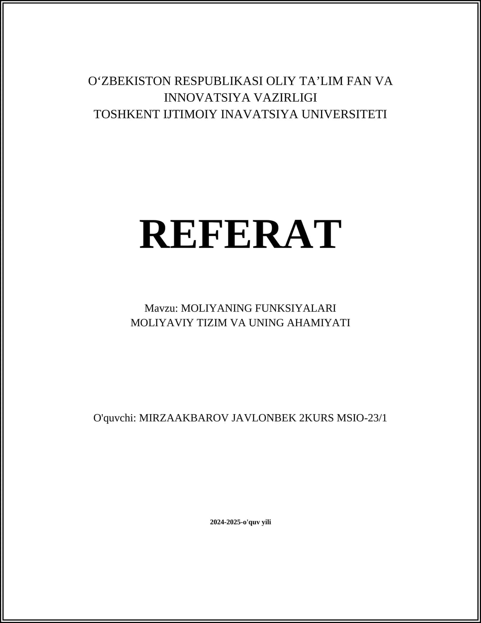 MOLIYANING FUNKSIYALARI 1